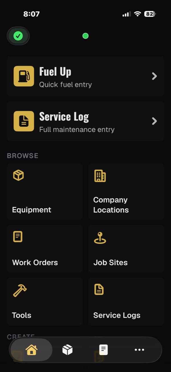 Heavy Metal Assets iPhone home screen with Fuel Up and Service Log