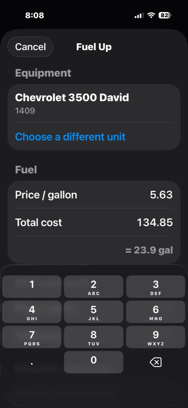 Fuel-up form working out gallons from price and total