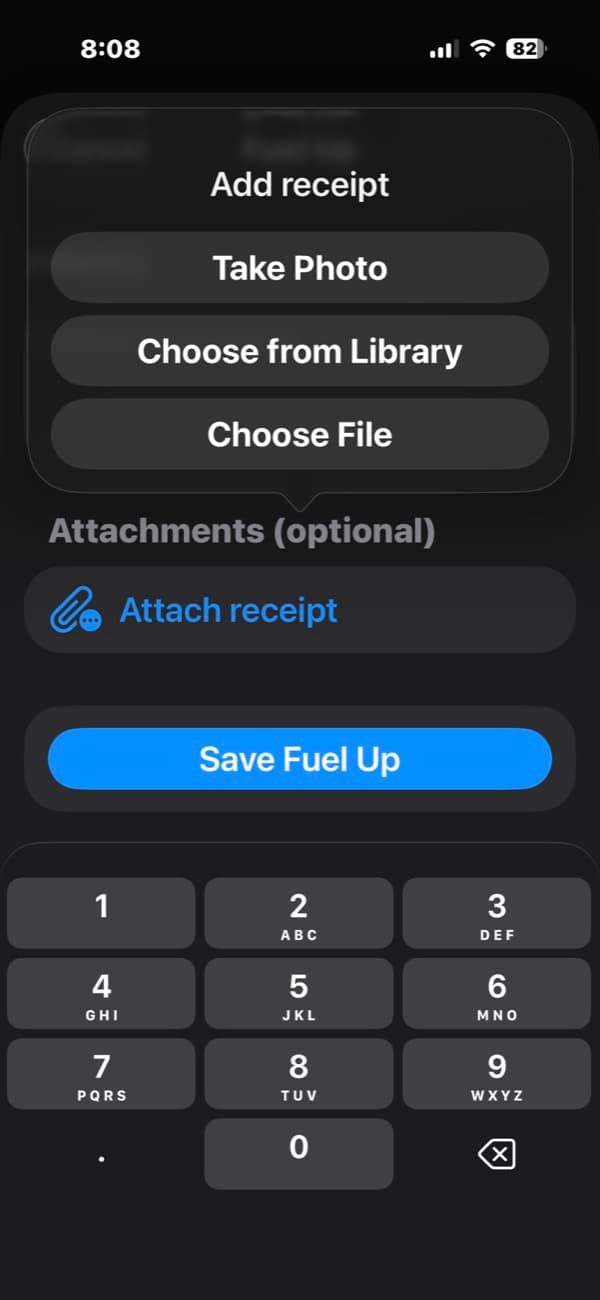 Attaching a receipt photo to a fuel-up